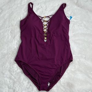 BLEU ROD BEATTIE Plunge One Piece Swim suit Lace Down Gold Accent 20W Burgundy